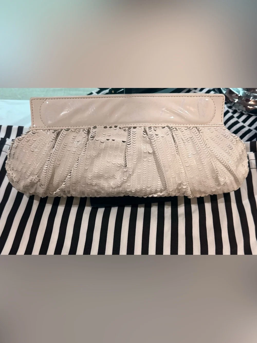 Henri Bendel Cream Patent Leather Paillette Evening Clutch w/ Mirror